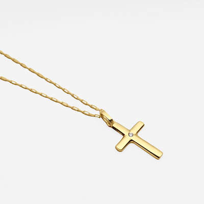 Pingente Masculino Crucifixo com Diamante e Corrente Inclusa - CRUZ Ouro Amarelo